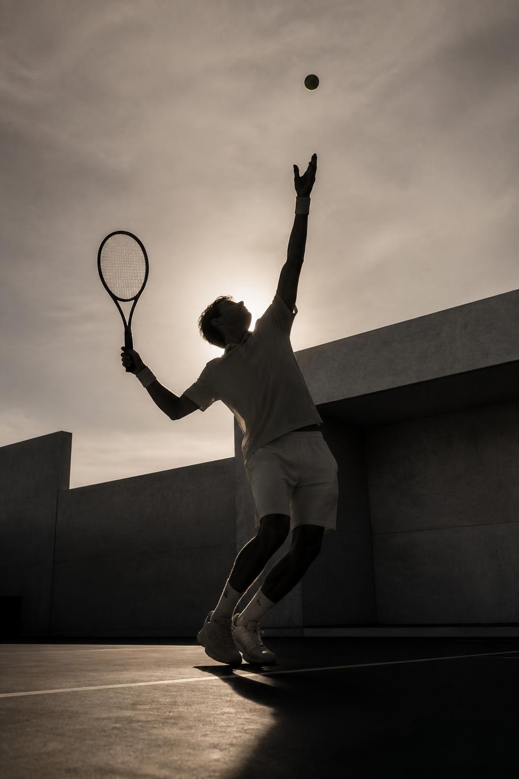 Tennispelaaja syöttää vastavalossa